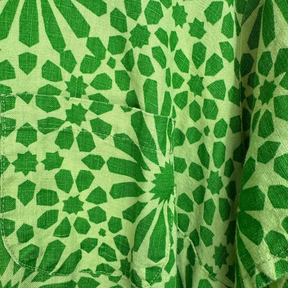 Flax Size 2G 100% Linen Stretched Top Midi Dress Green Mod Print Asymmetrical - Picture 5 of 9